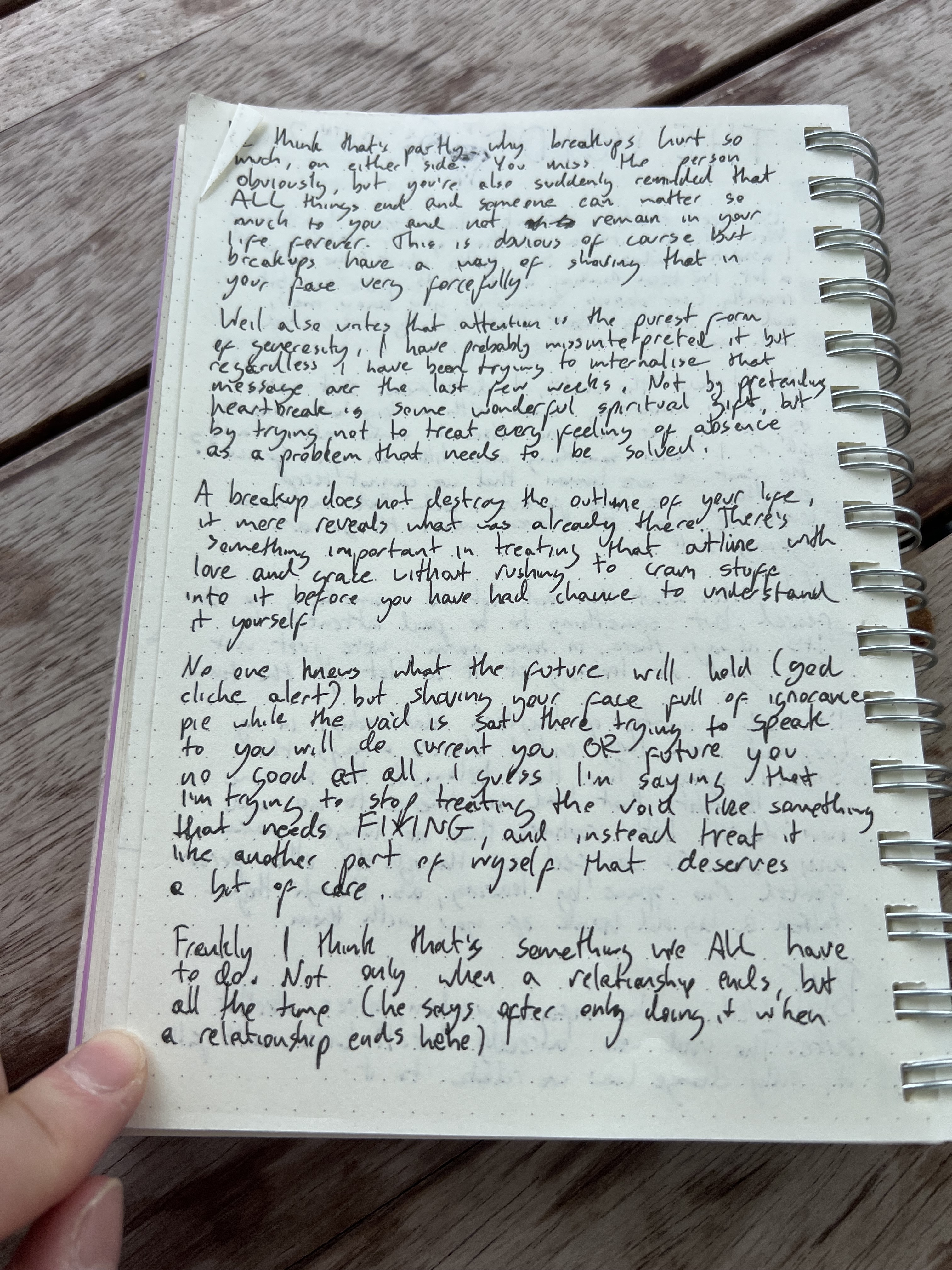 A handwritten diary page about attending to the void after a breakup
