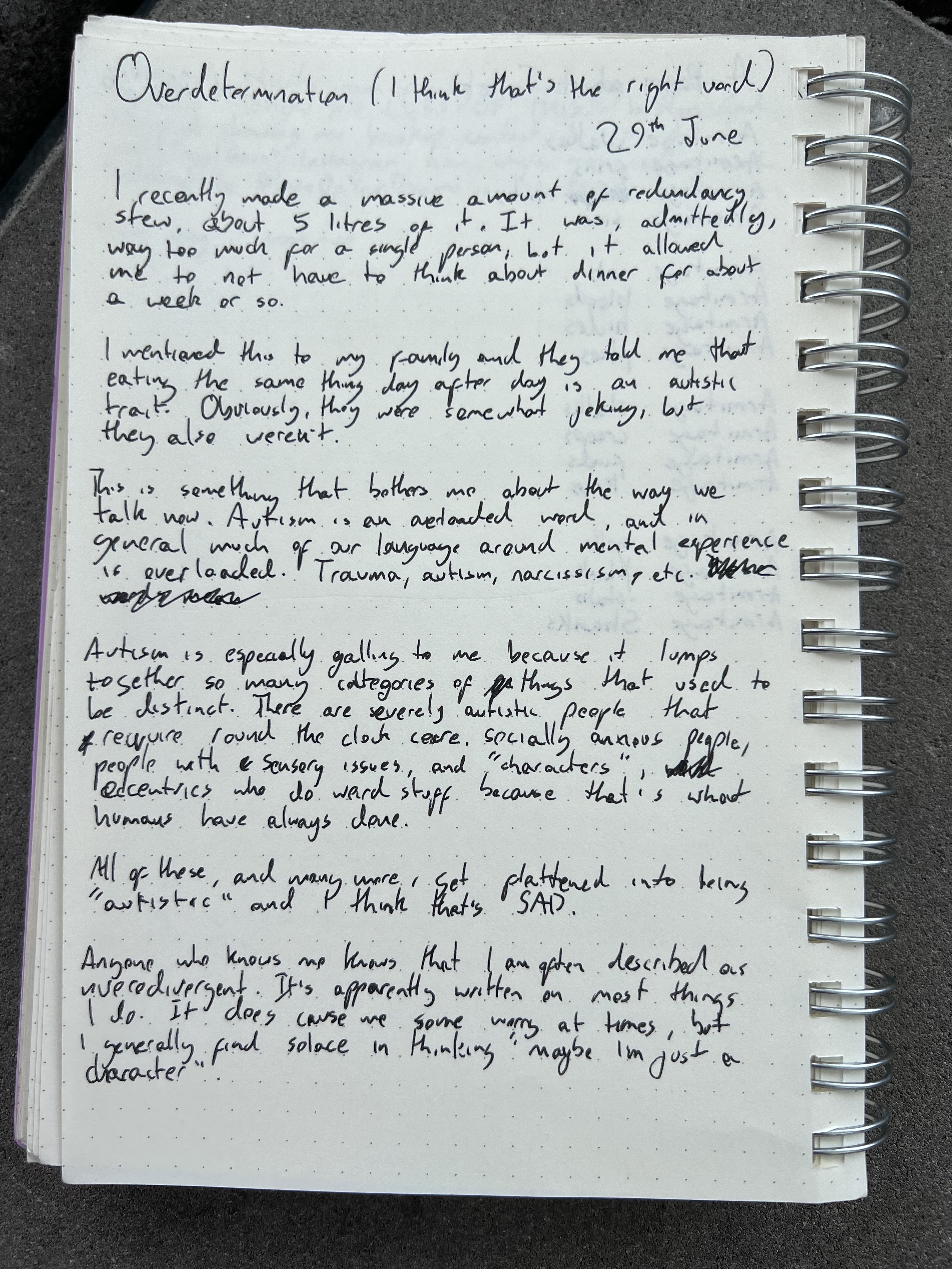 A handwritten diary page titled Overdetermination about overloaded language