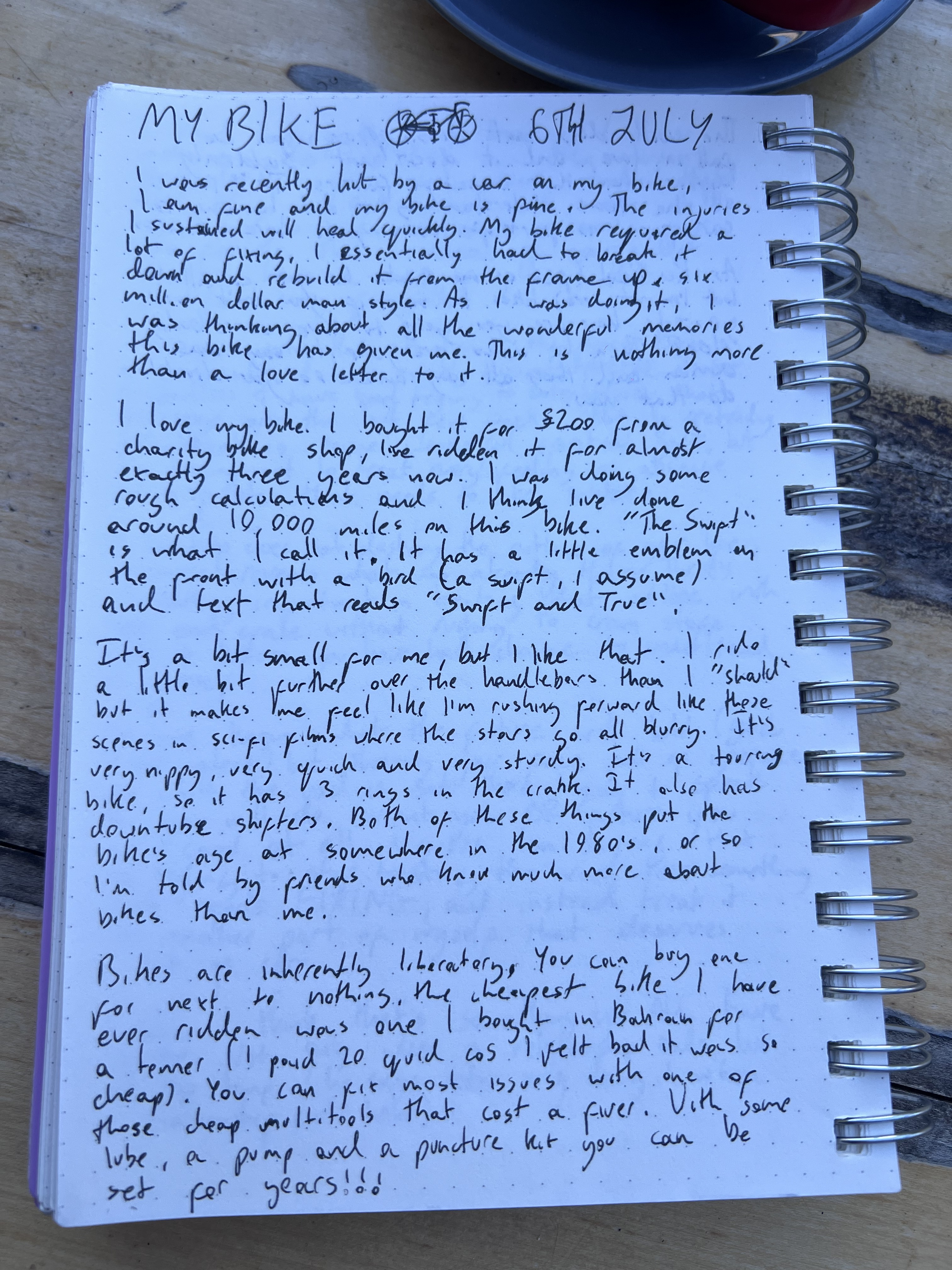 A handwritten diary page titled My Bike with a small bicycle drawing