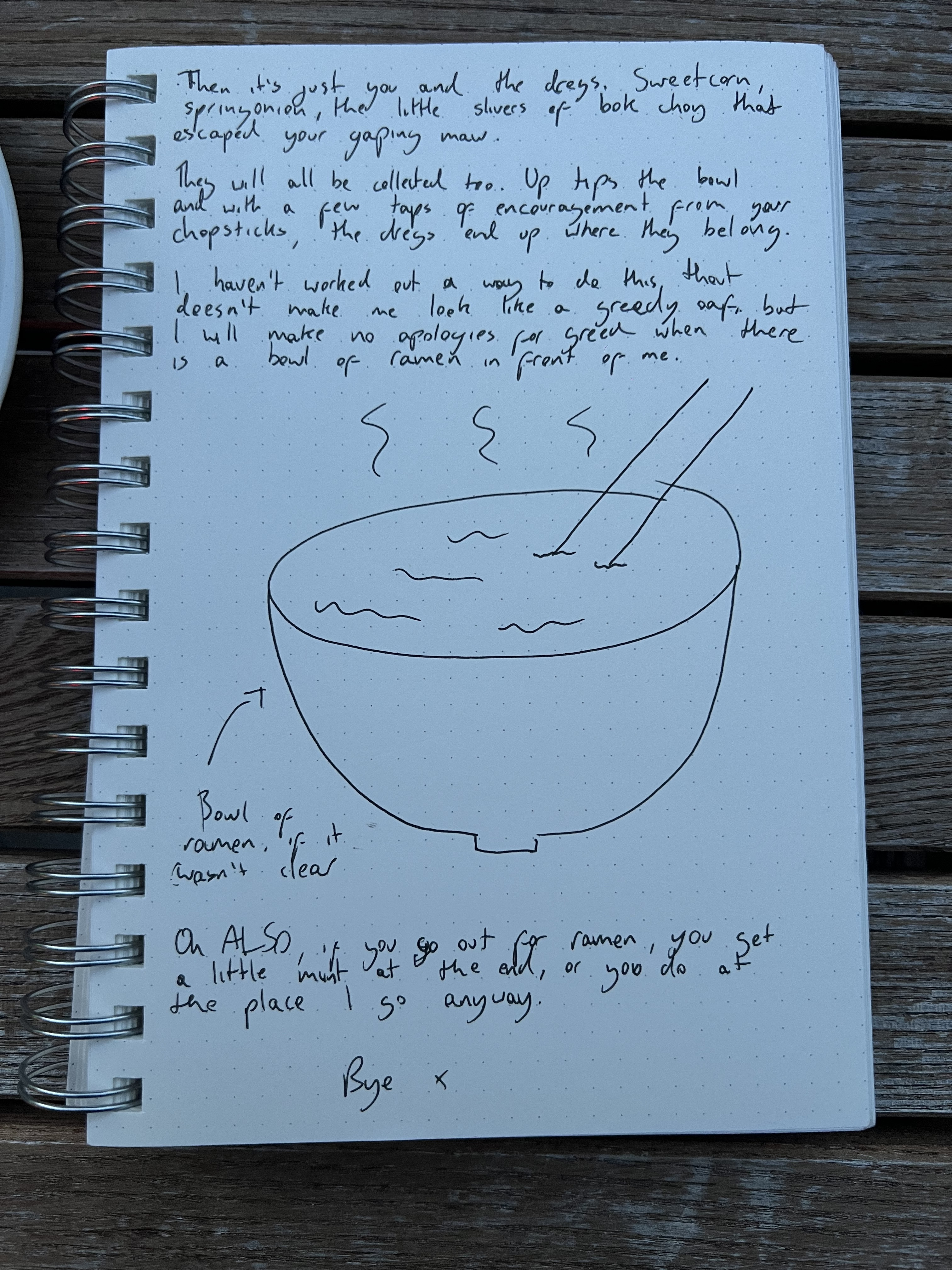 A handwritten diary page continuing the ramen entry, with a drawing of a bowl of ramen