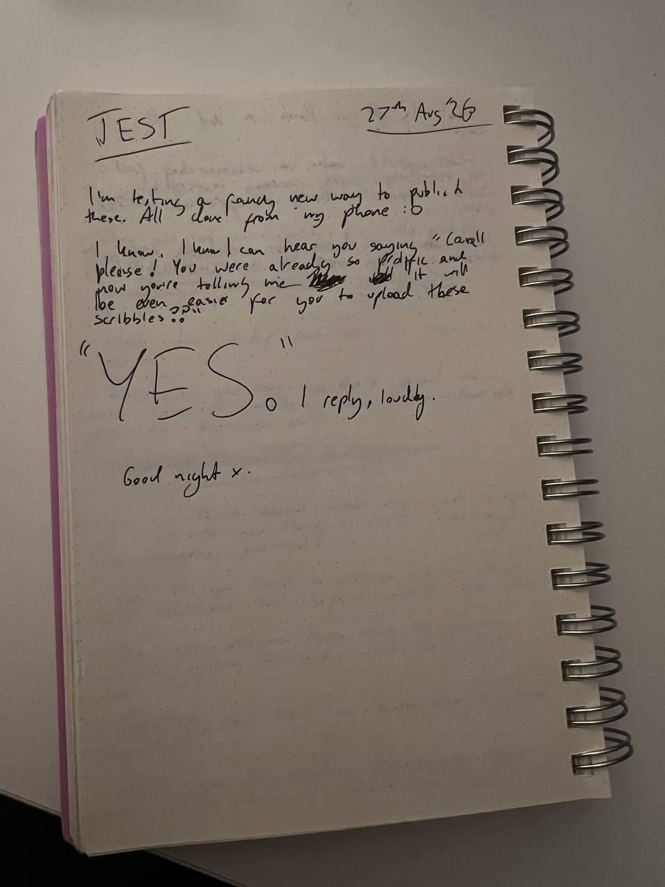 A handwritten diary page titled Test, celebrating a new way to publish posts from a phone